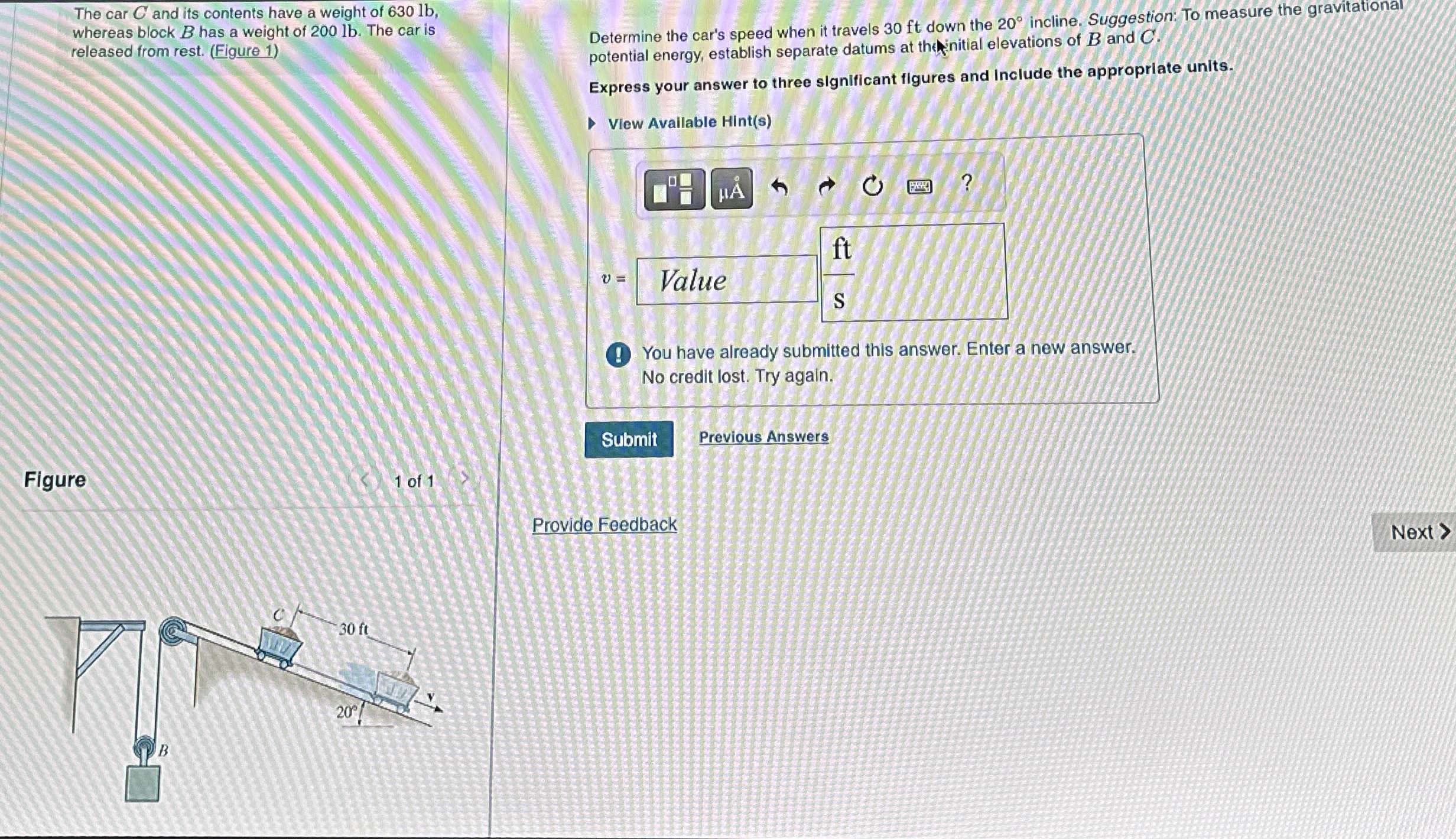 The car C and its contents have a weight of 6 3 0