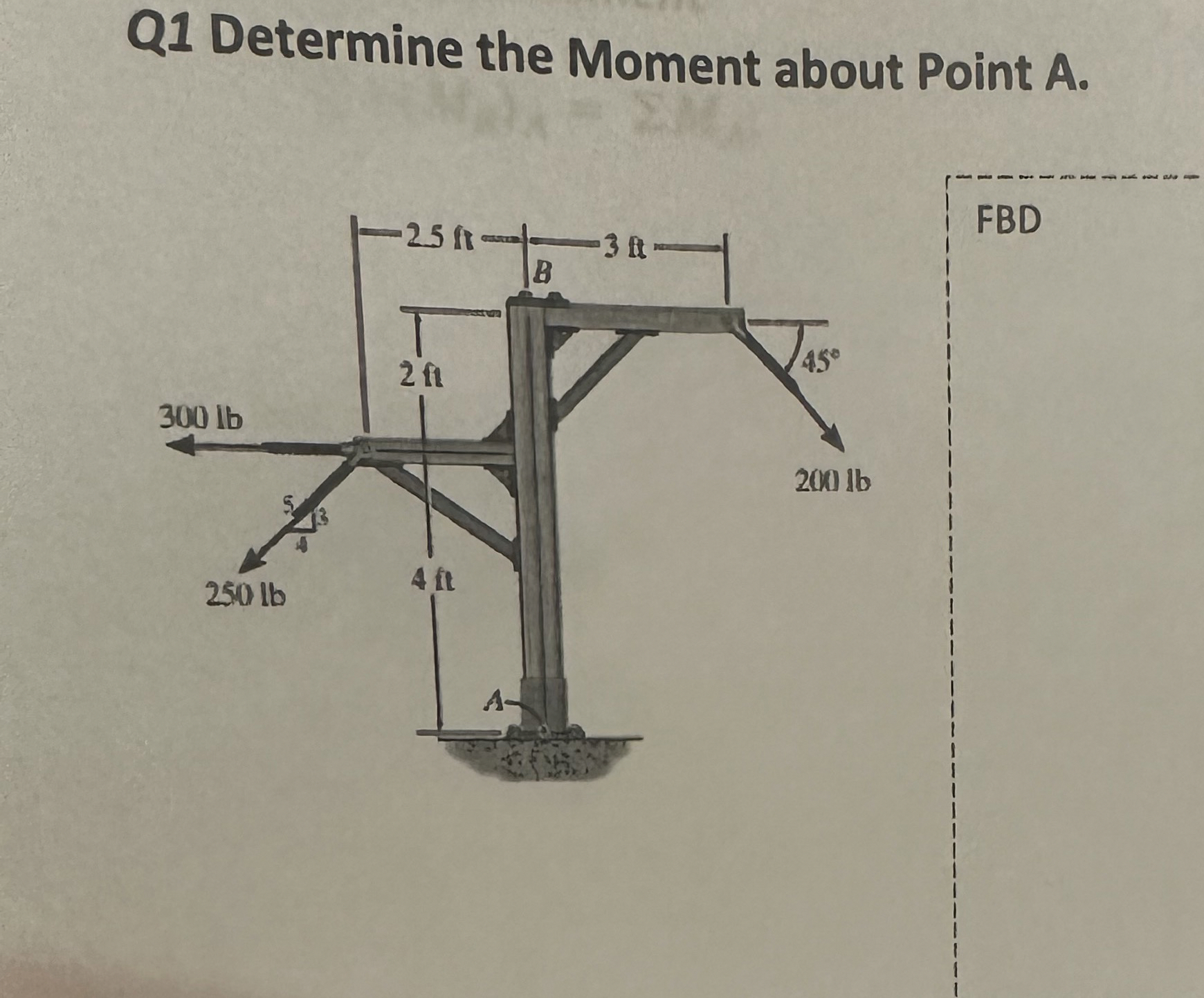 Q 1 Determine the Moment about Point A . FBD