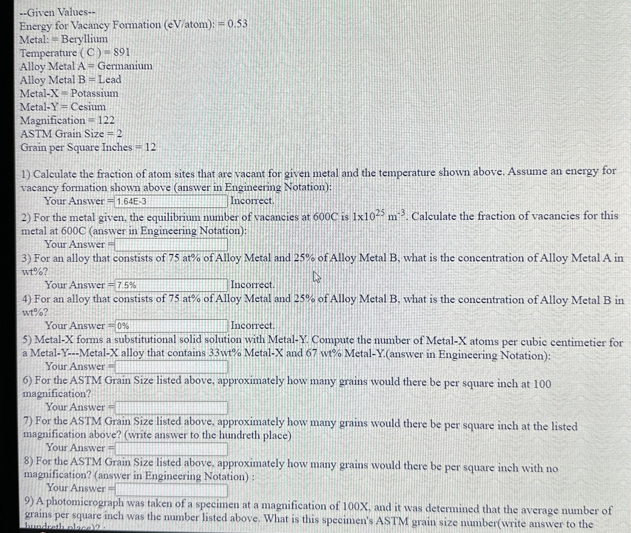 - - Given Values - - Energy for Vacancy Formation