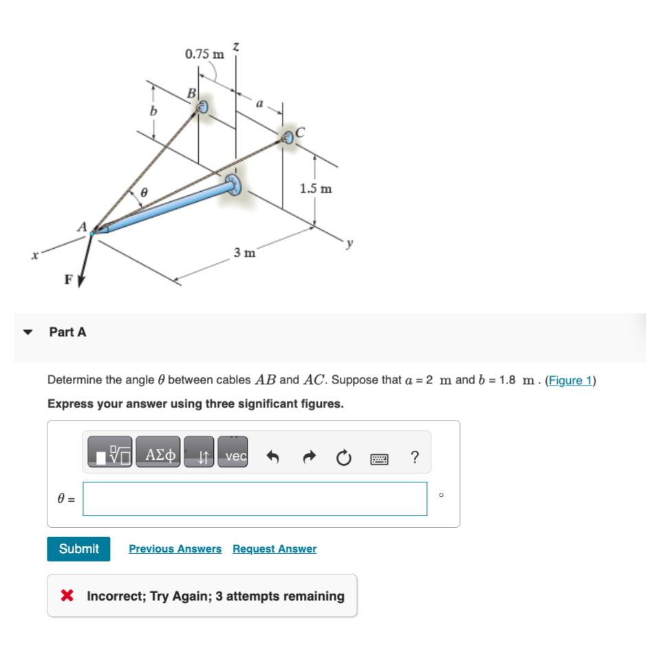 Part A Determine the angle between cables A B and