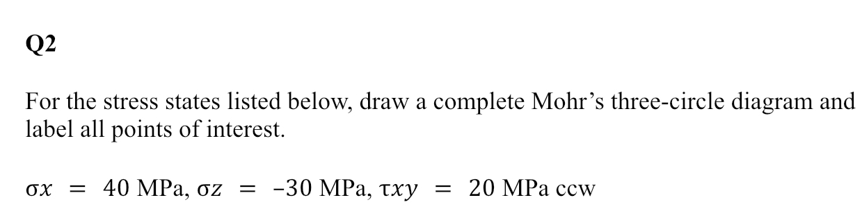 Q 2 For the stress states listed below, draw a
