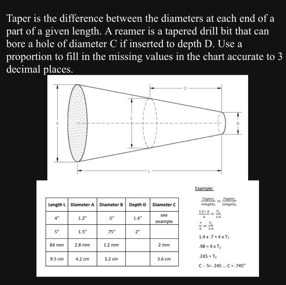 Taper is the difference between the diameters at