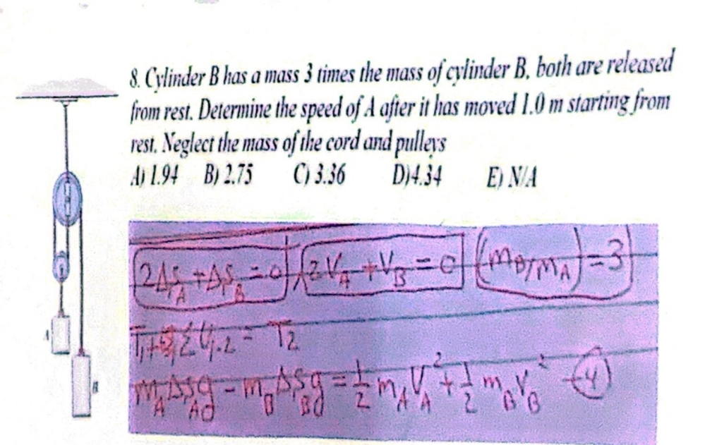 Cylinder B has a mass 3 times the mass of