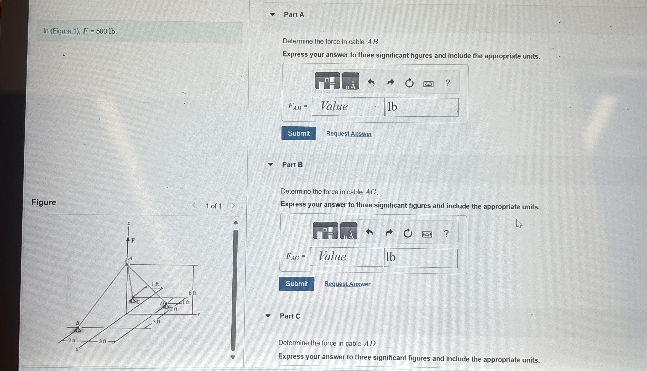 Part A l n ( Figure 1 ) , F = 5 0 0 l b . Figure