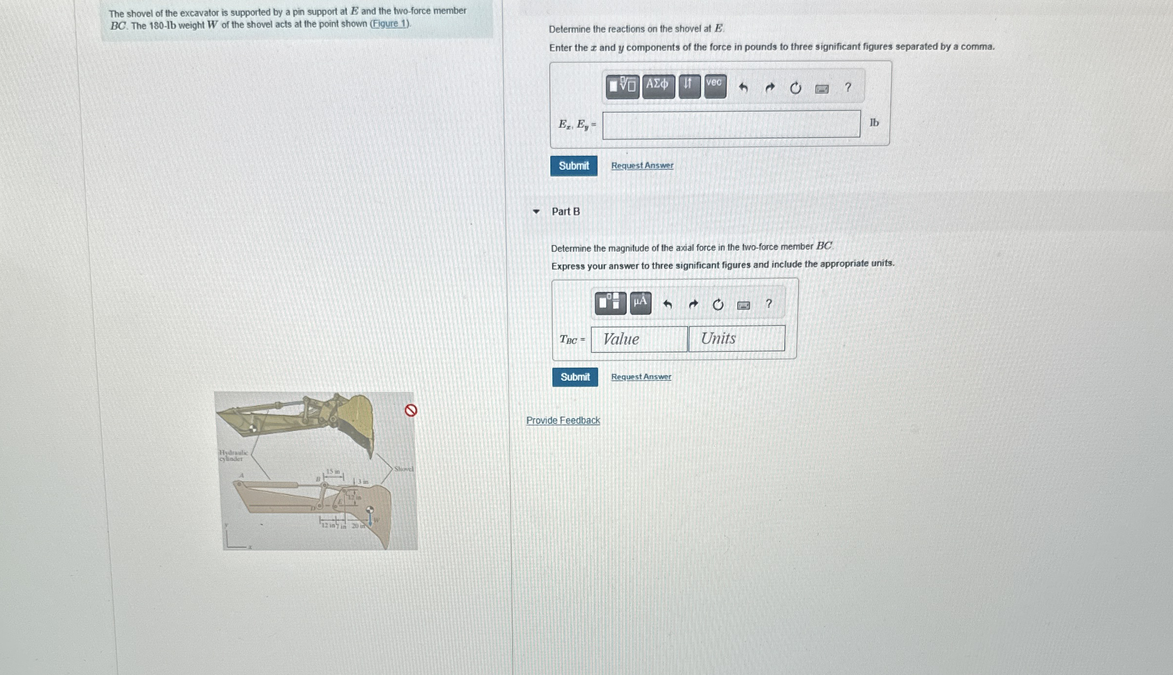 The shovel of the excavator is supported by a pin