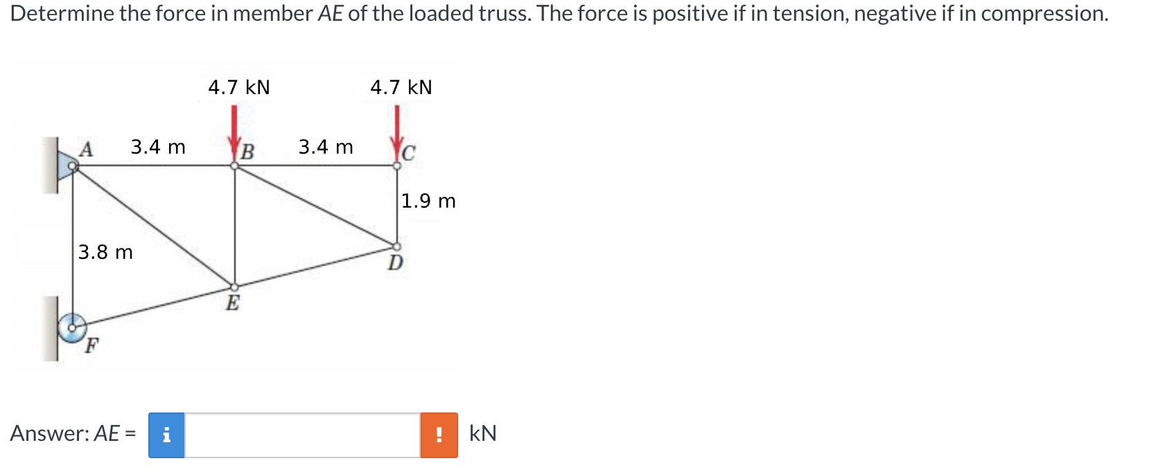 Determine the force in member \ ( A E \ ) of the