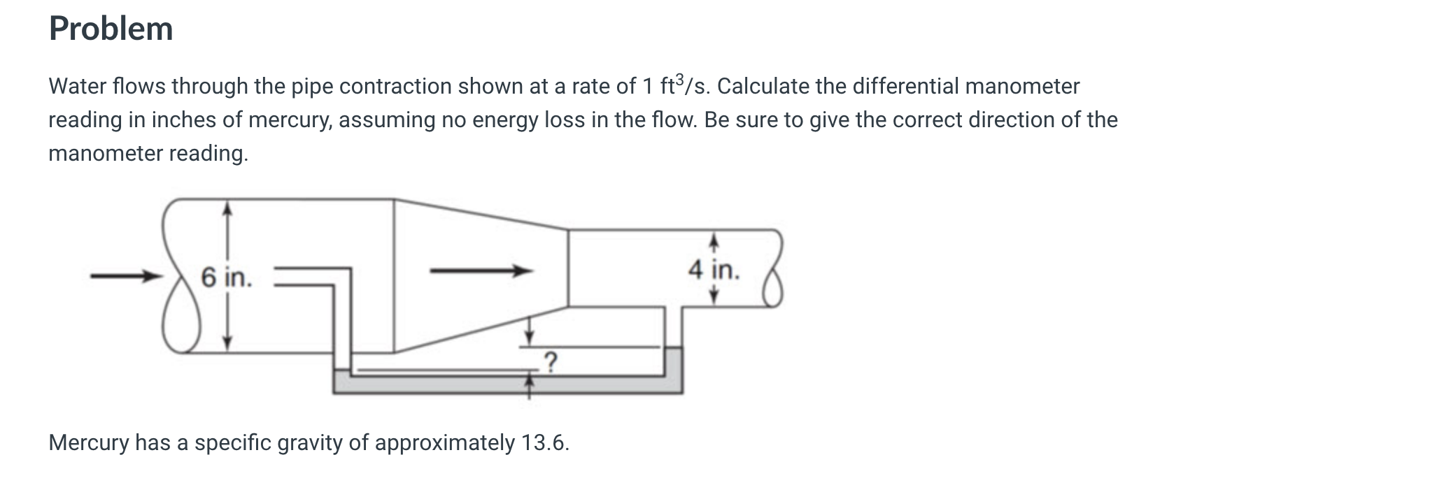 Problem Water flows through the pipe contraction