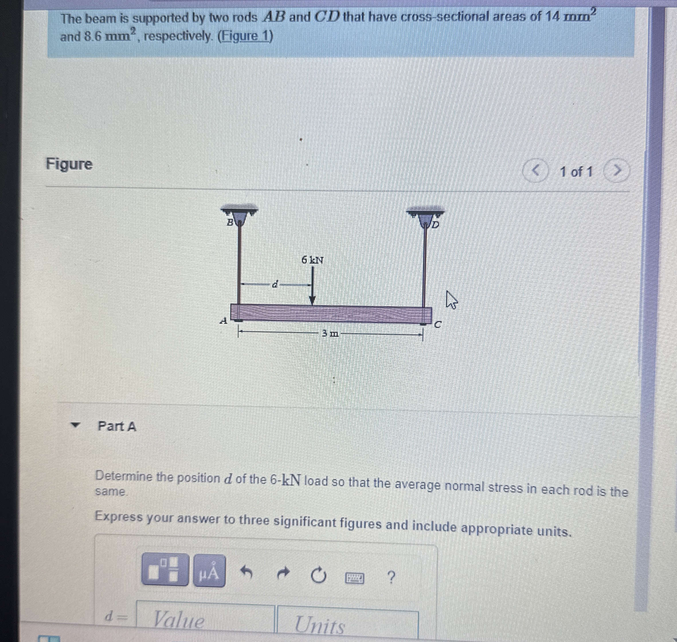 The beam is supported by two rods A B and C D