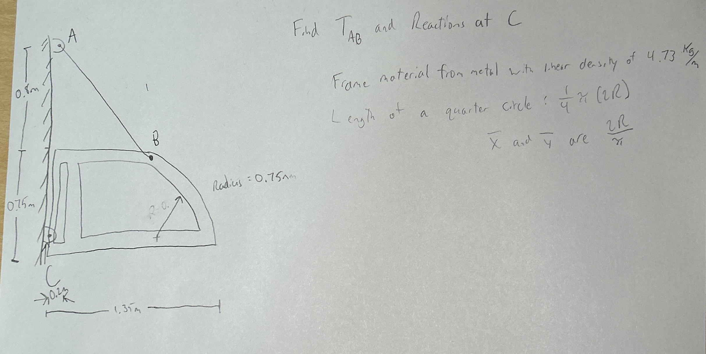 Find T A B and Reactions at C Frame material from