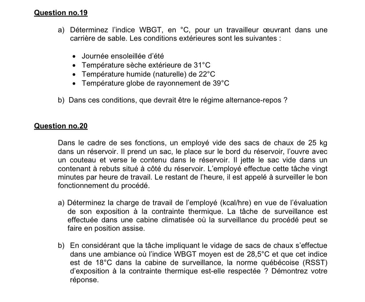 Question no . 1 9 a ) D terminez l'indice WBGT ,