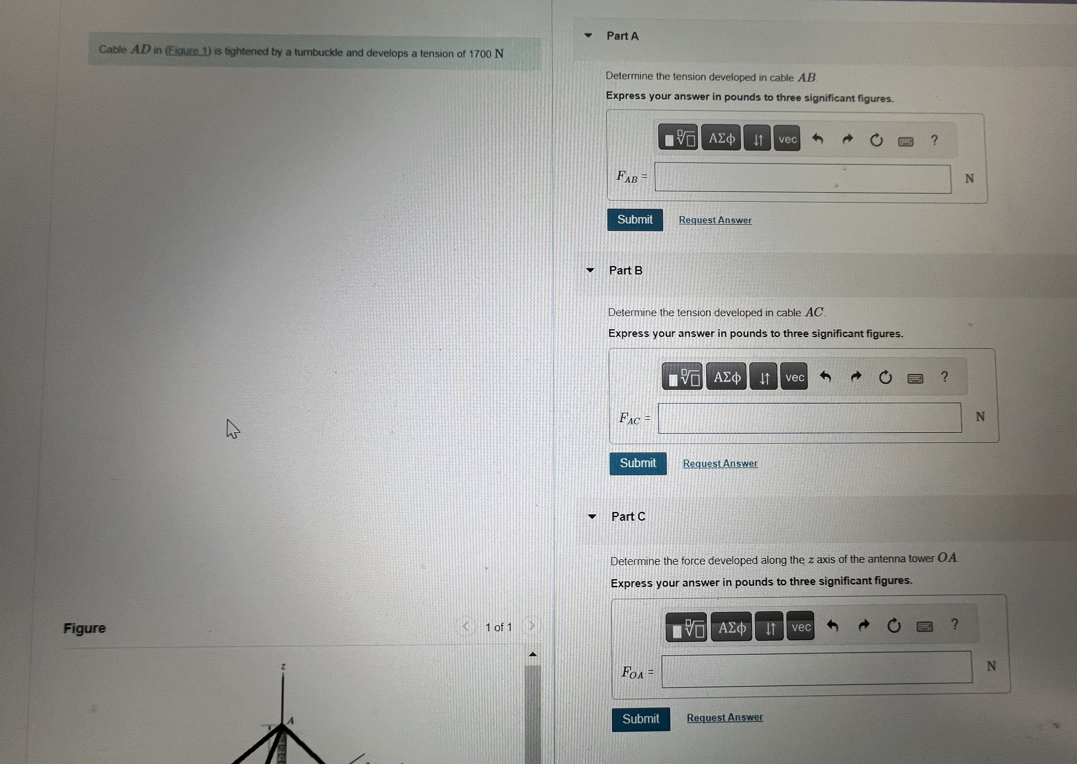 Part A Determine the tension developed in cable A