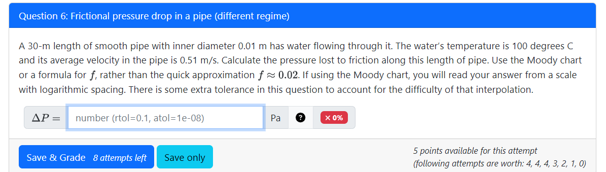 Question 6 : Frictional pressure drop in a pipe (