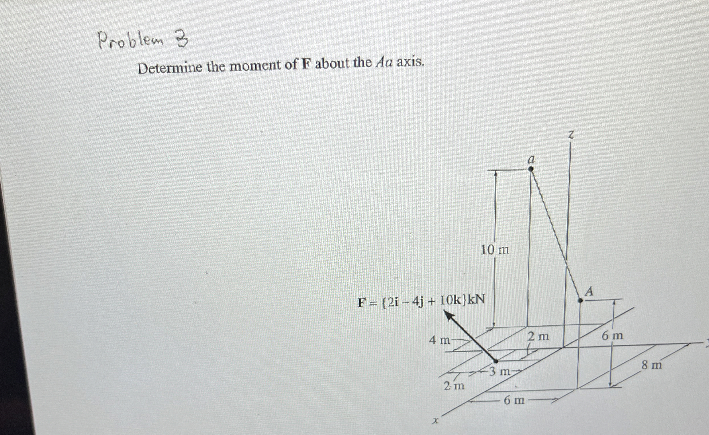 Problem 3 Determine the moment of F about the A a