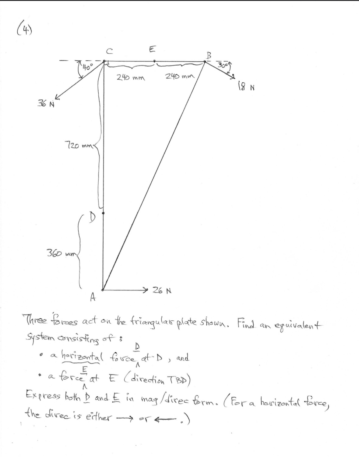 ( 4 ) Three forces act on the friangular plate