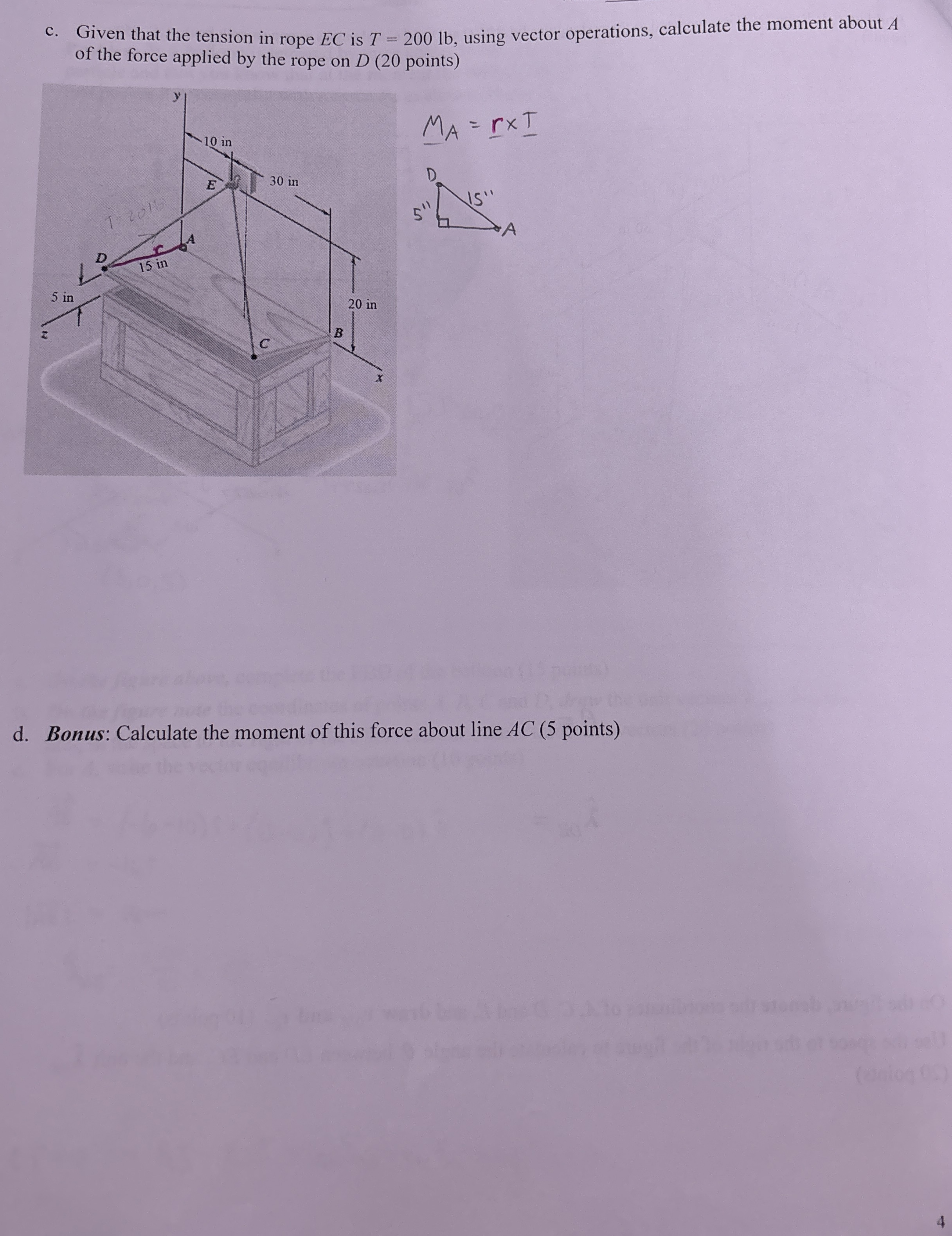 c . Given that the tension in rope E C is T = 2 0