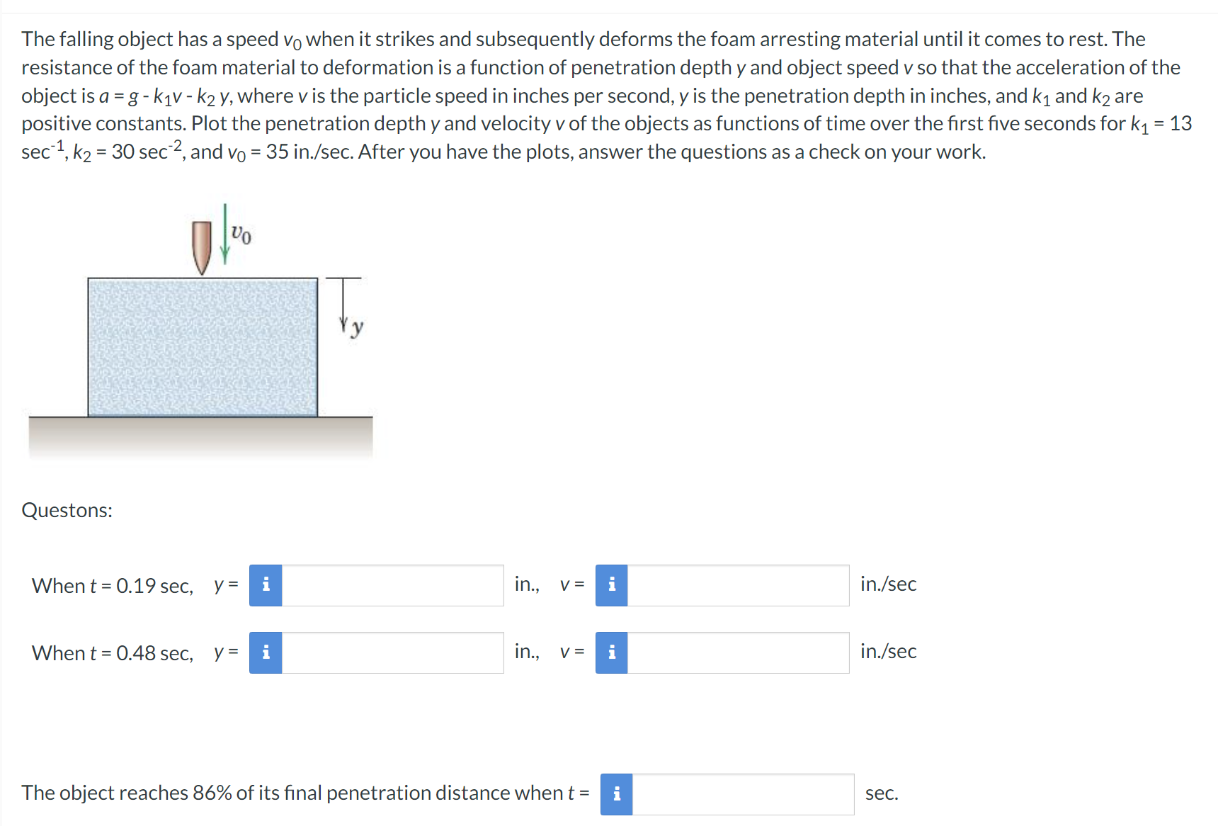 The falling object has a speed vo when it strikes
