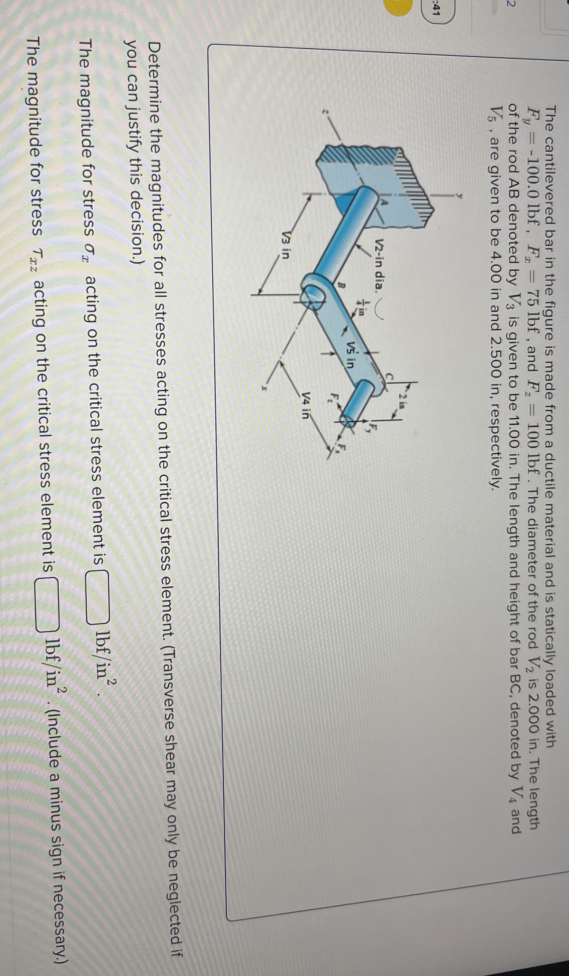 The cantilevered bar in the figure is made from a
