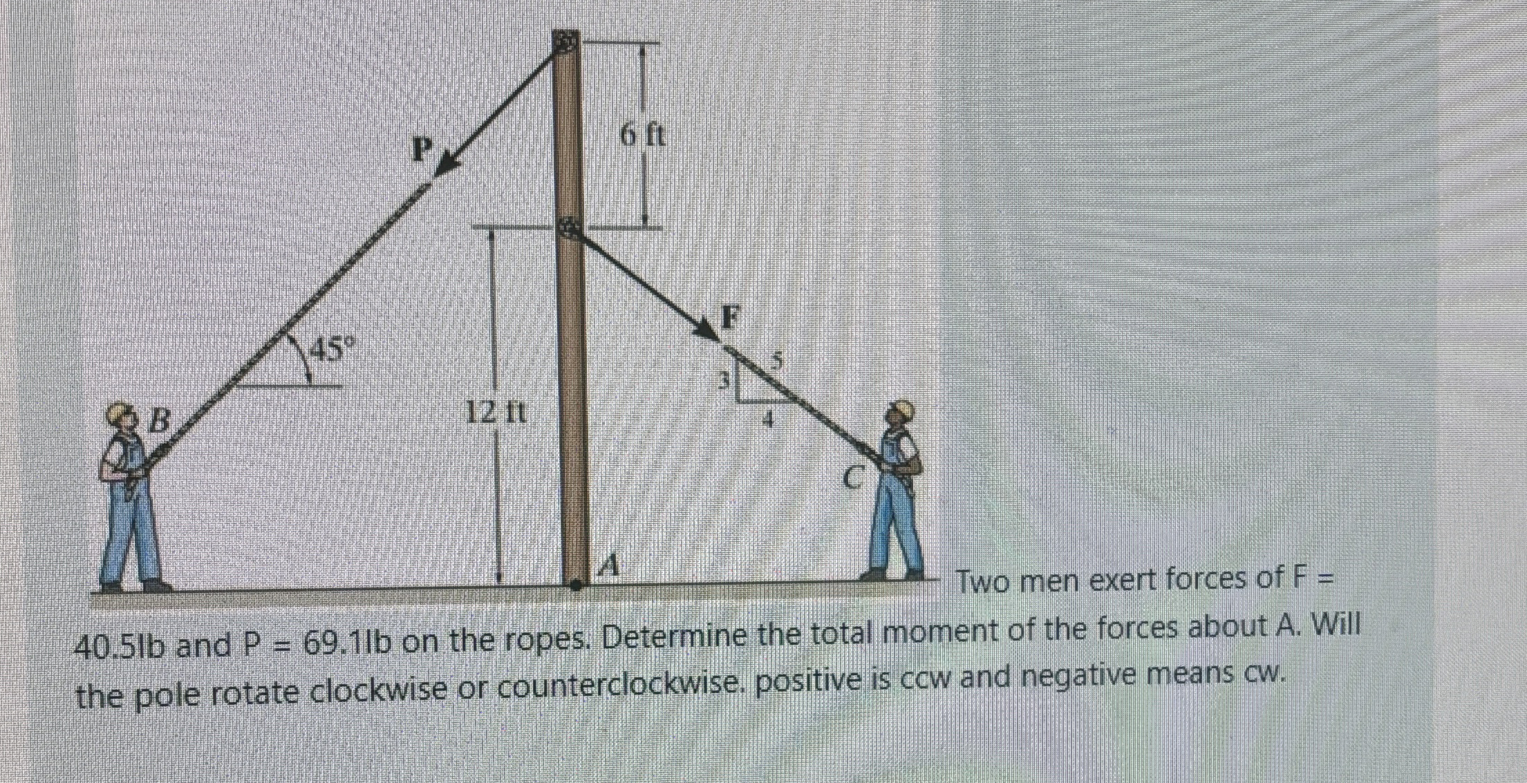 Two men exert forces of F = 4 0 . 5 lb and P = 6