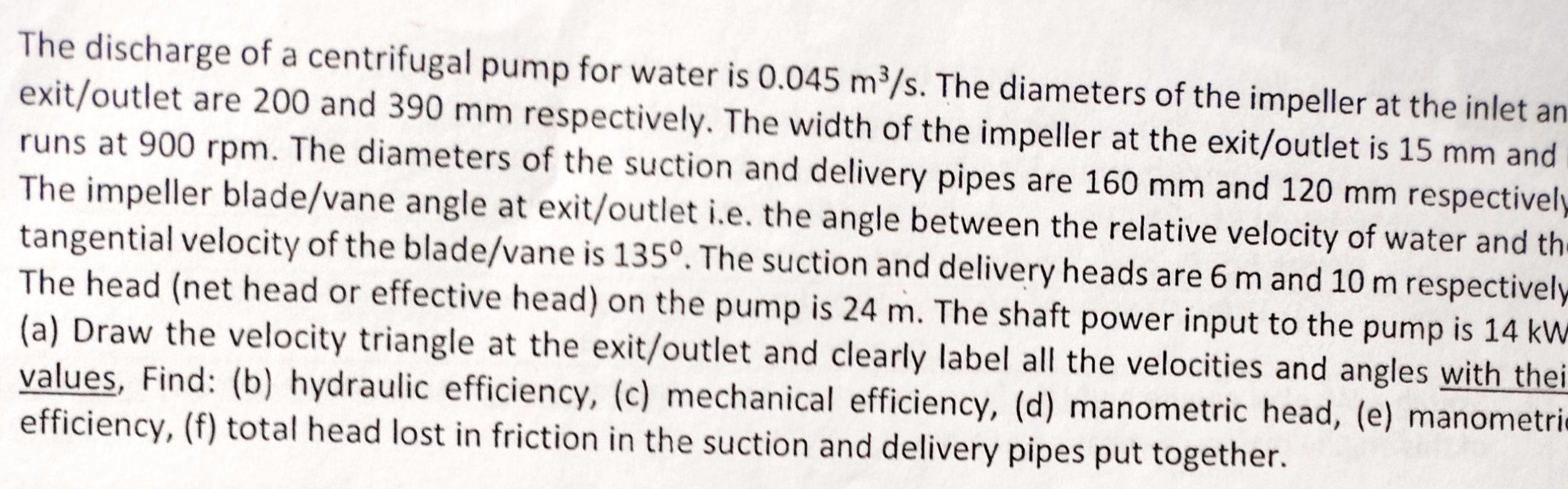 The discharge of a centrifugal pump for water is