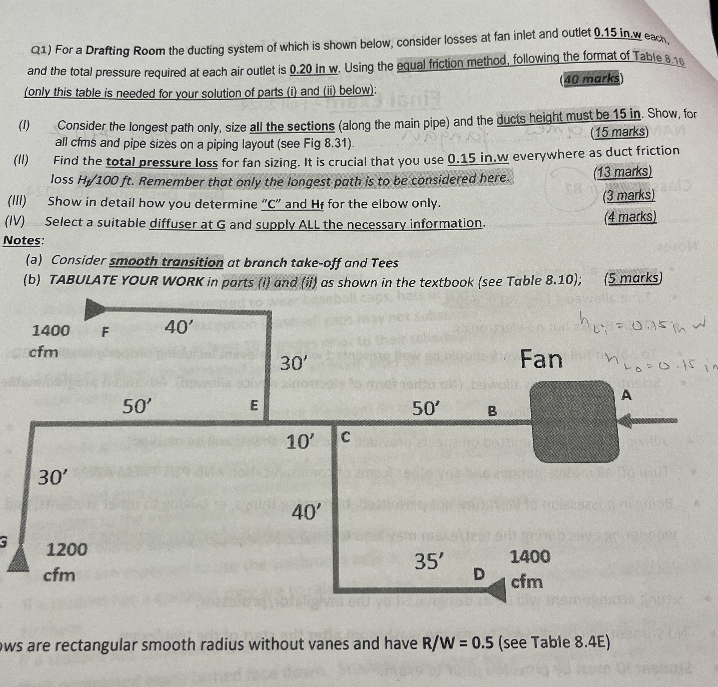 Q 1 ) For a Drafting Room the ducting system of