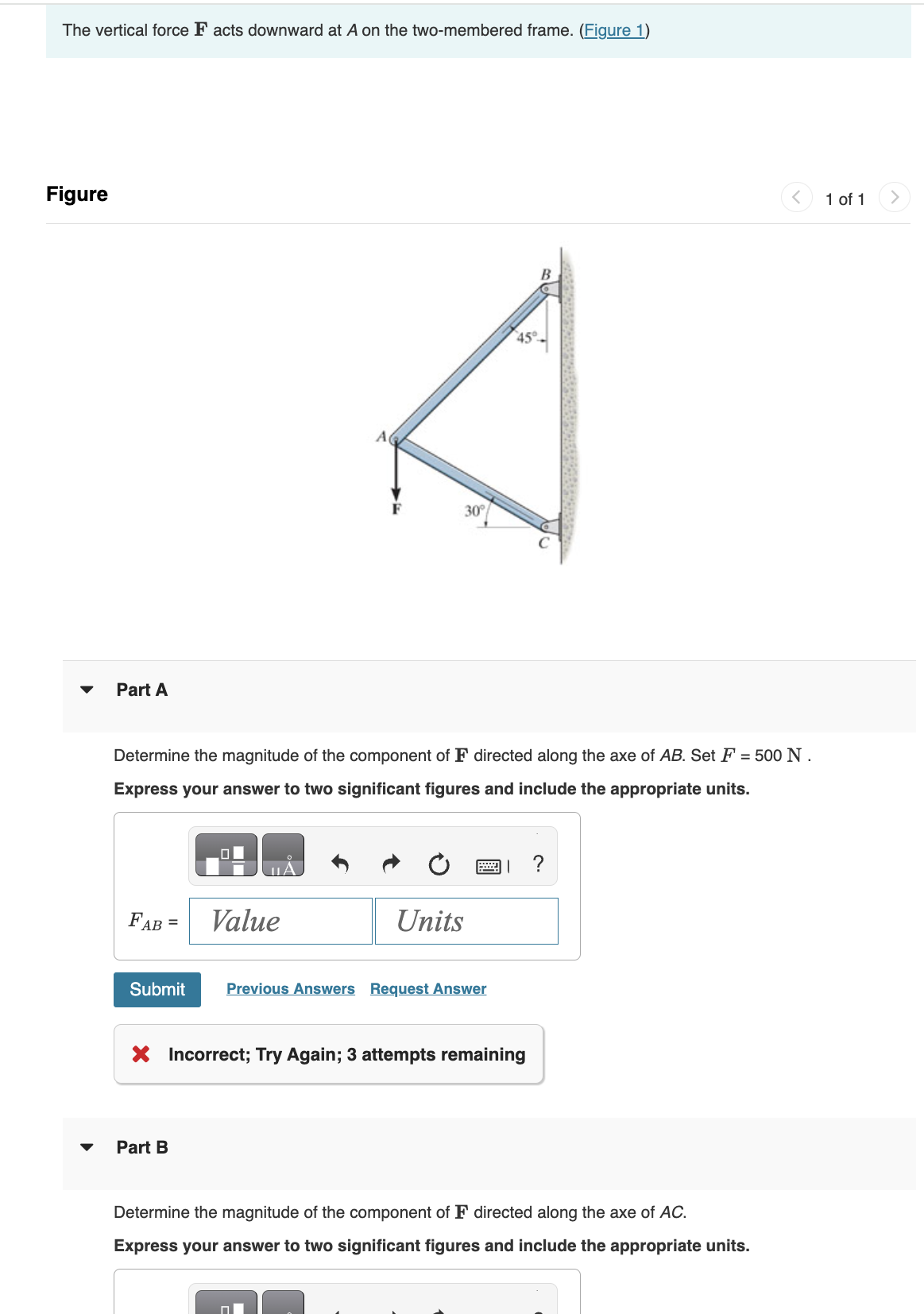 The vertical force F acts downward at A on the