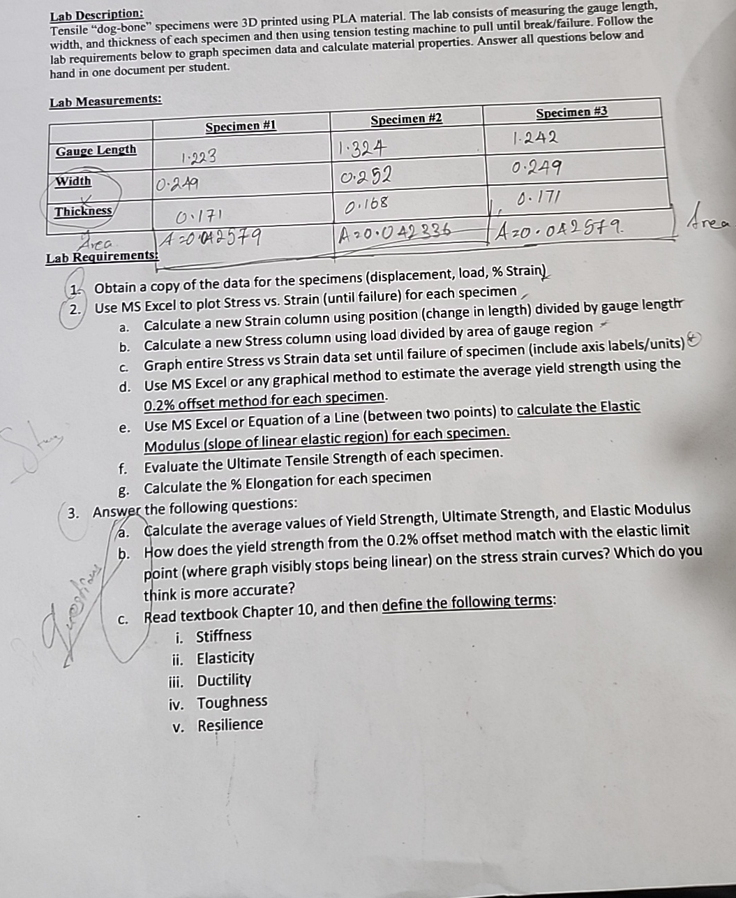 Lab Description: Tensile "dog - bone" specimens