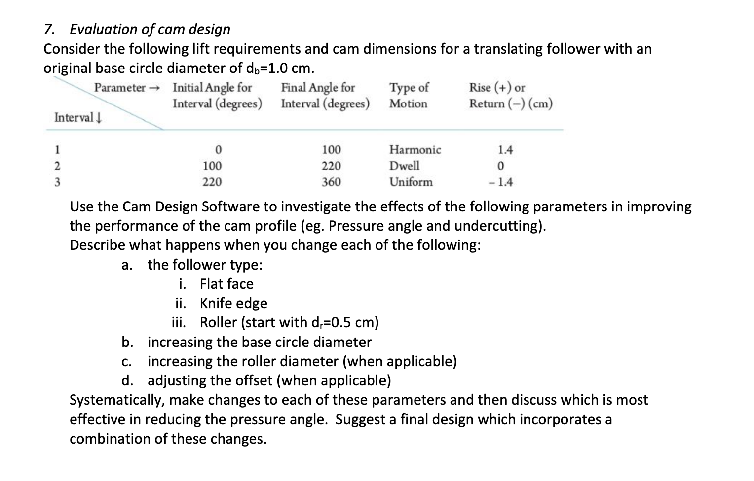7 . Evaluation of cam design Consider the