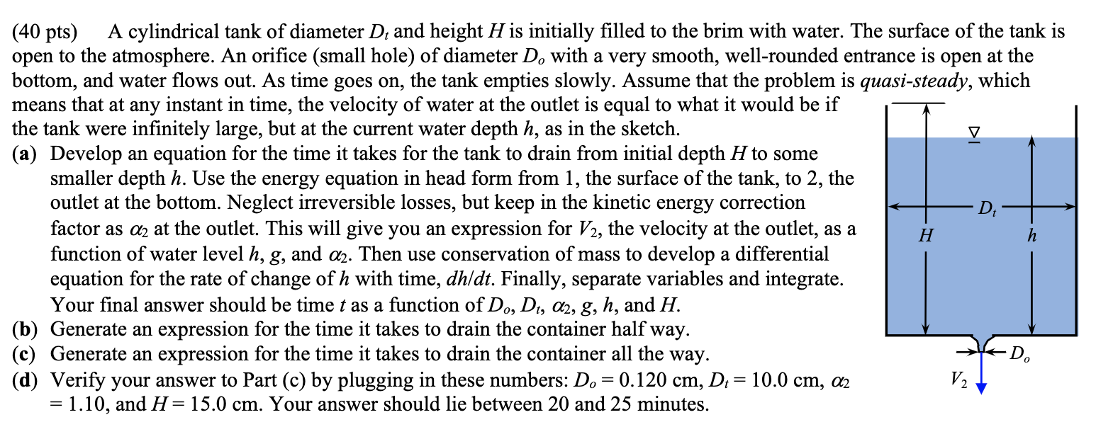 A cylindrical tank of diameter D t and height H