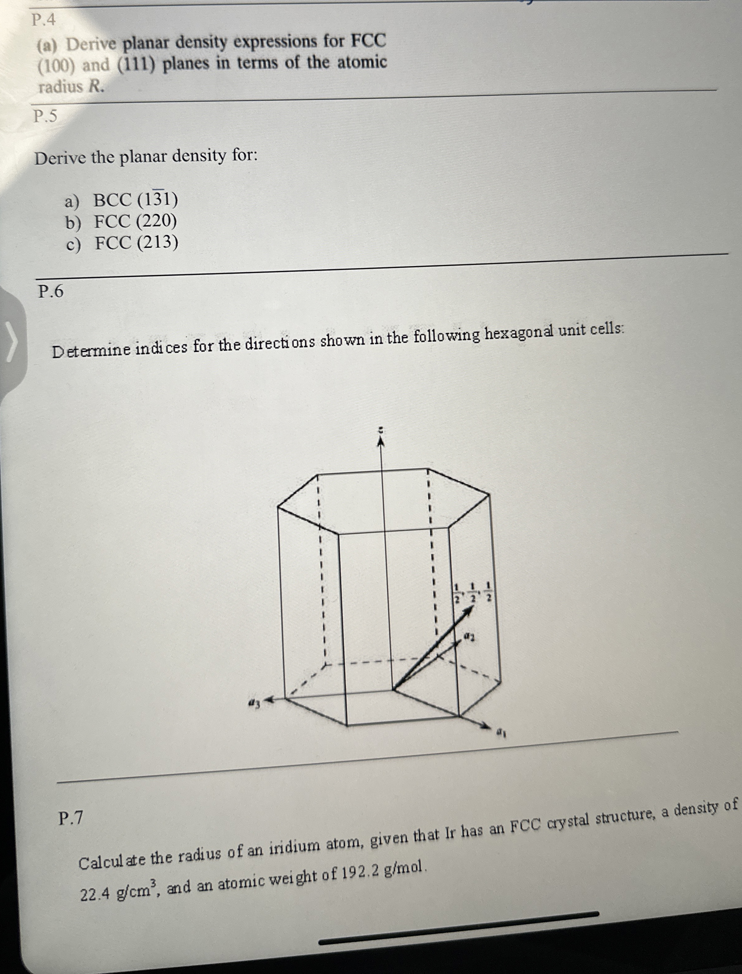 P . 4 ( a ) Derive planar density expressions for