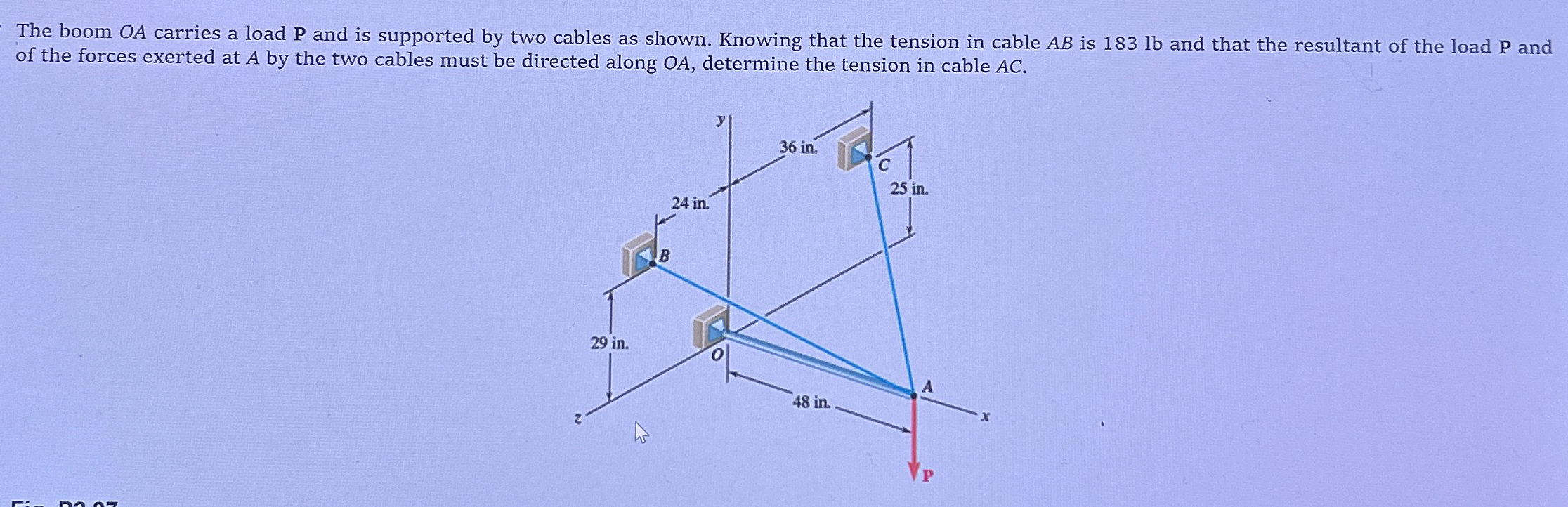 The boom O A carries a load P and is supported by