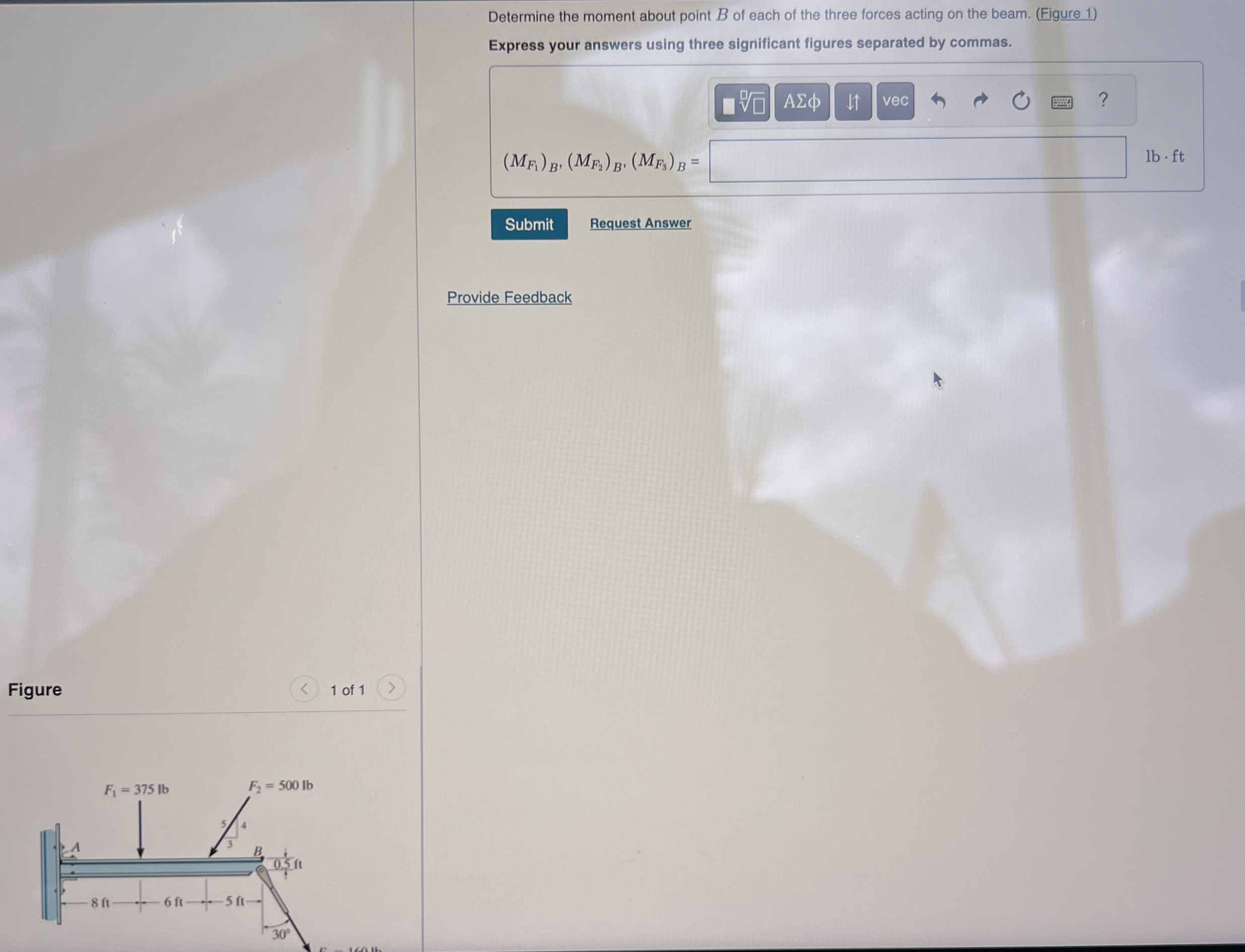 Determine the moment about point B of each of the