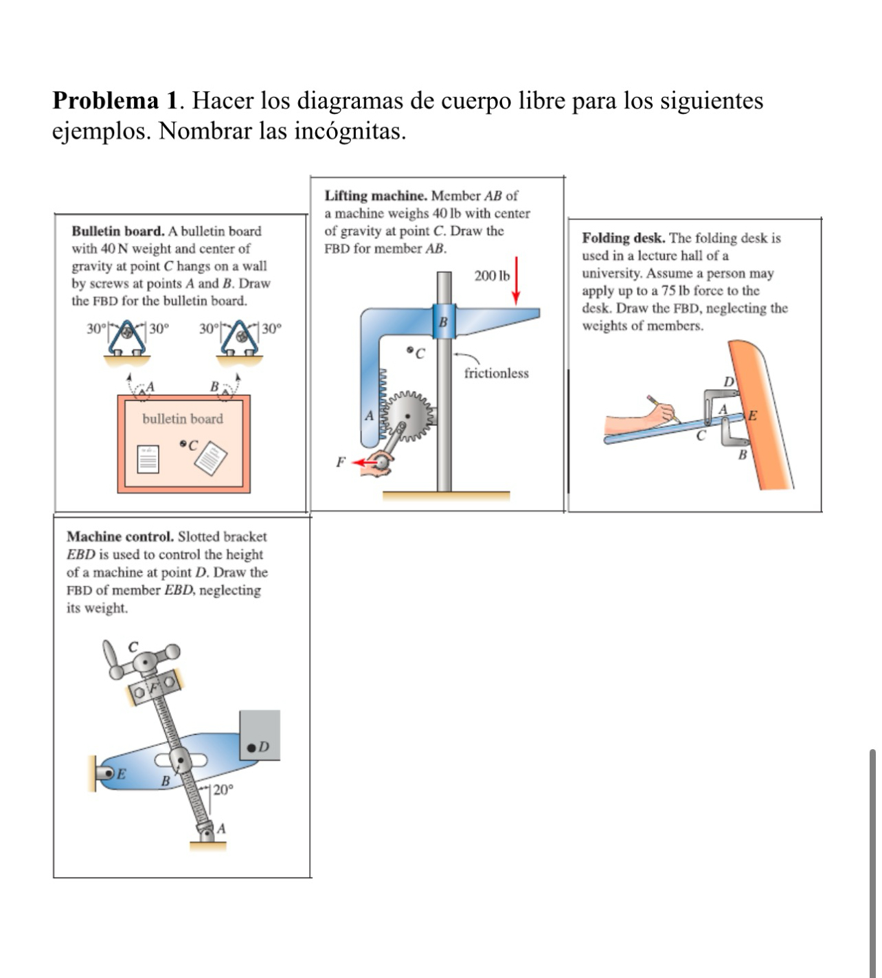 Problema 1 . Hacer los diagramas de cuerpo libre