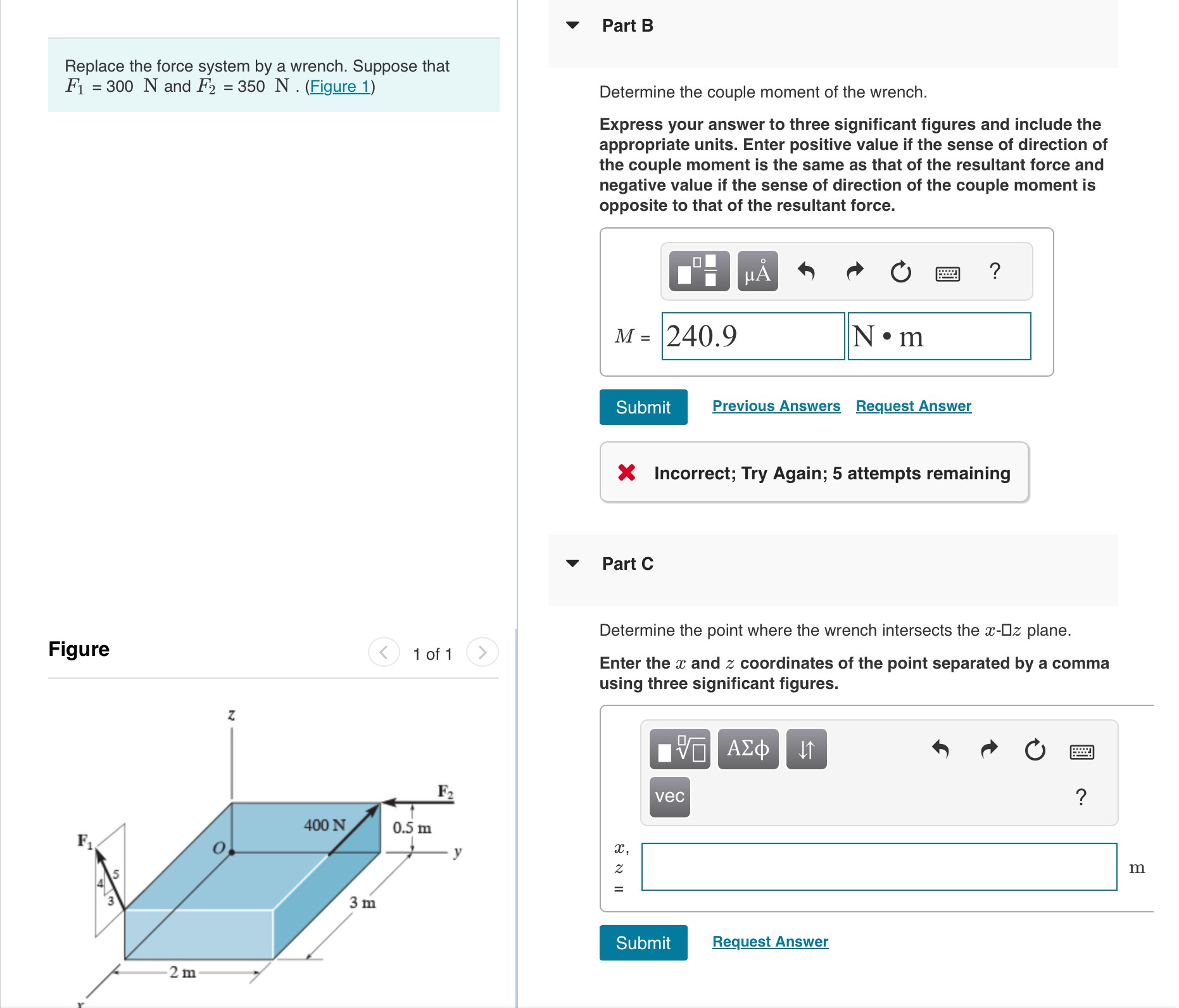 Part B Replace the force system by a wrench.