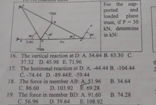 The vertical reaction at D: A . 5 4 . 6 4 B . 6 3