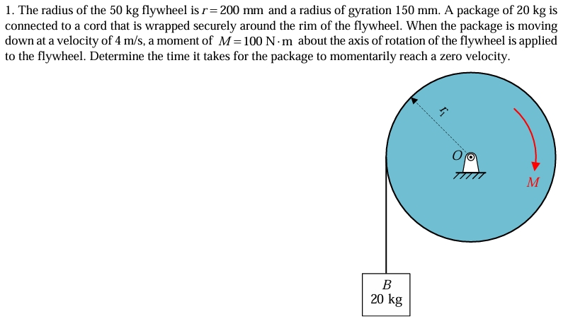1 . The radius of the 5 0 kg flywheel is \ ( r =