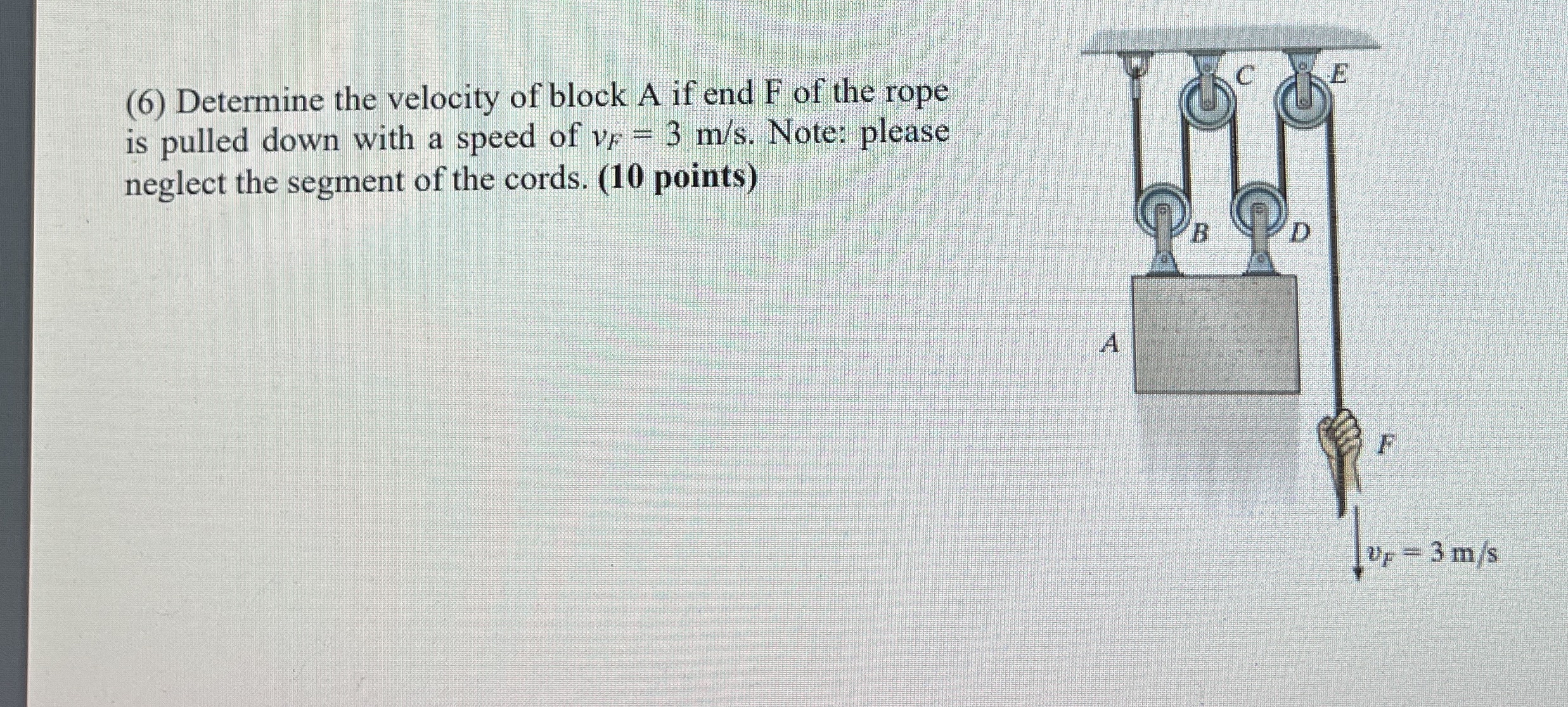 ( 6 ) Determine the velocity of block A if end F
