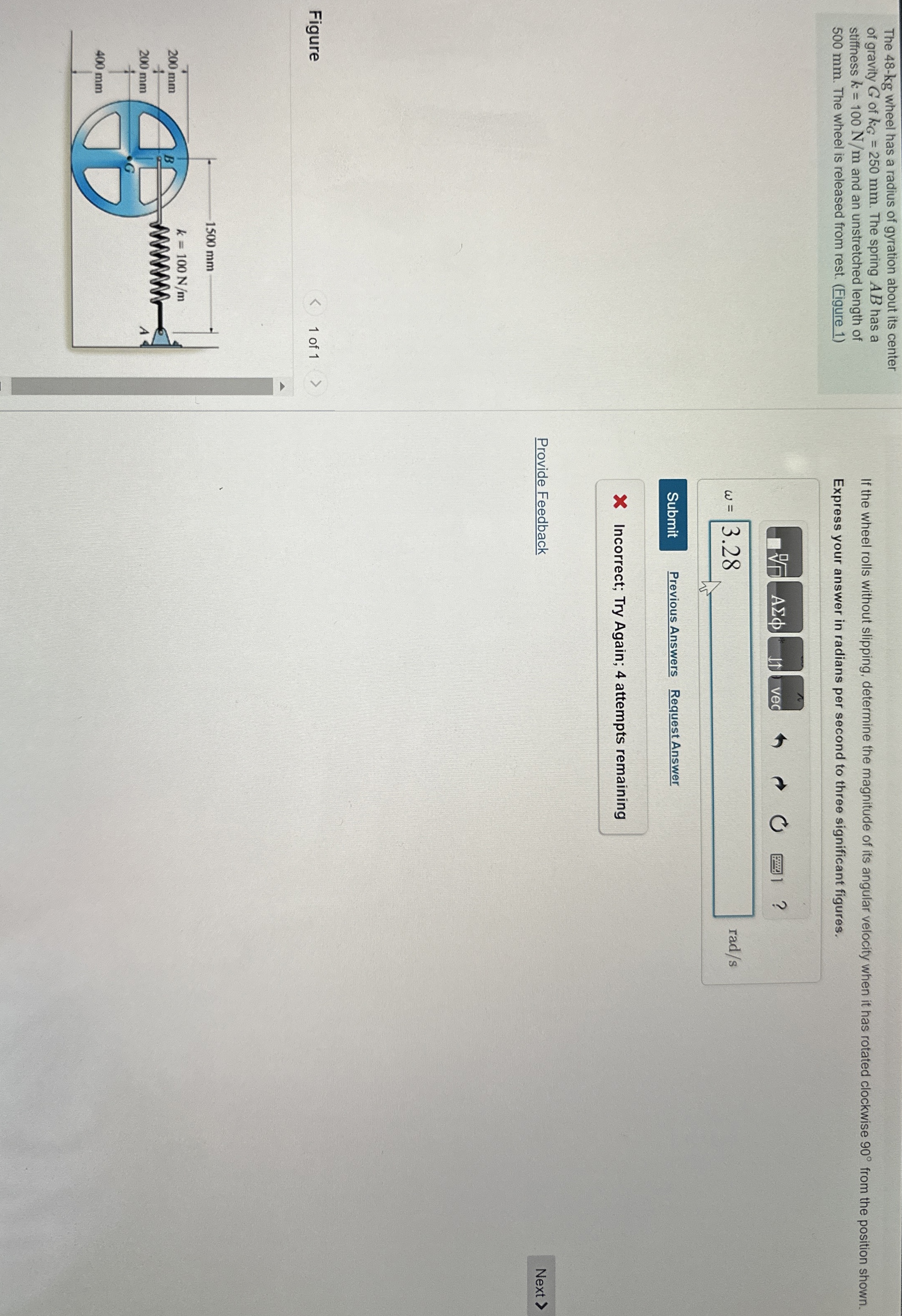 The 4 8 - k g wheel has a radius of gyration