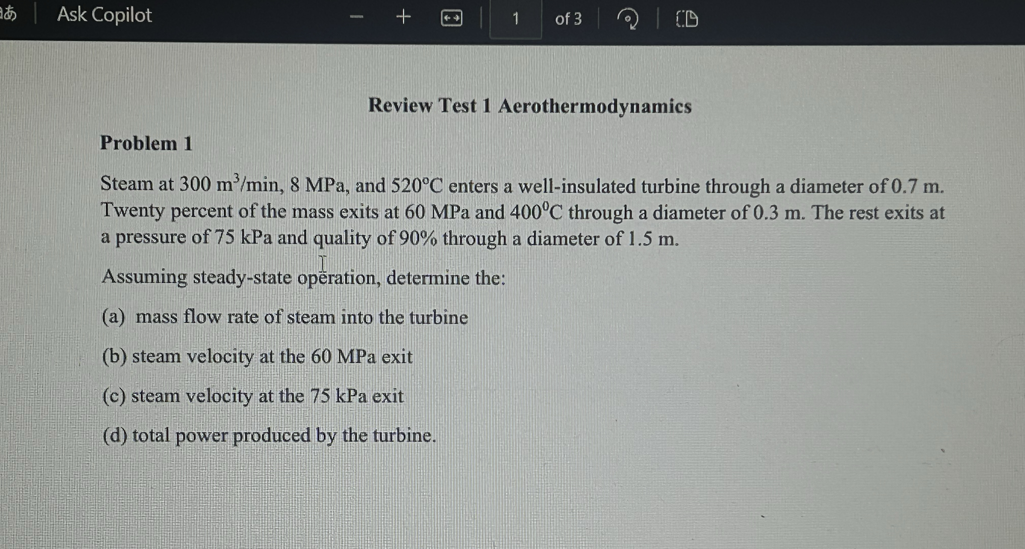 Review Test 1 Aerothermodynamics Problem 1 Steam