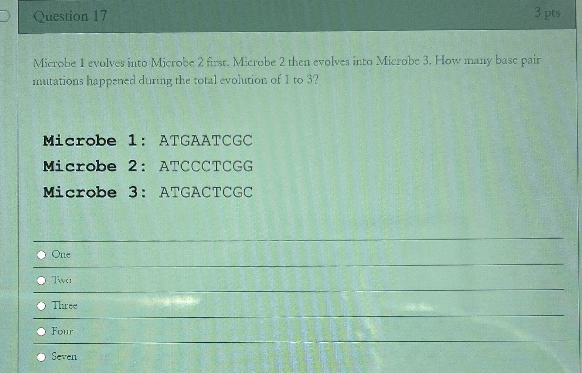 Question 1 7 3 pts Microbe 1 evolves into Microbe