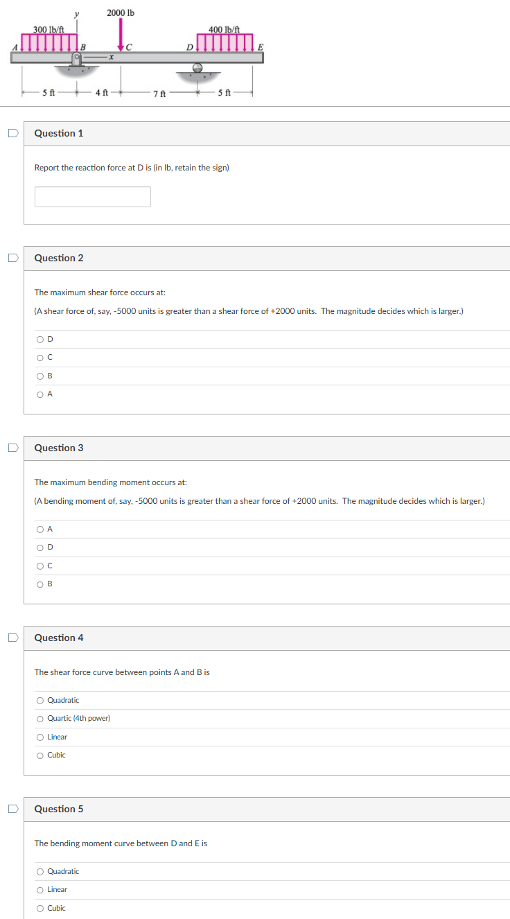 Question 1 Report the reaction force at D is ( in