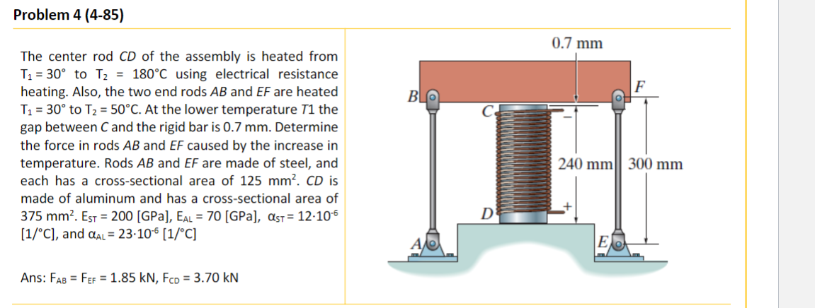 Problem 4 ( 4 - 8 5 ) The center rod C D of the