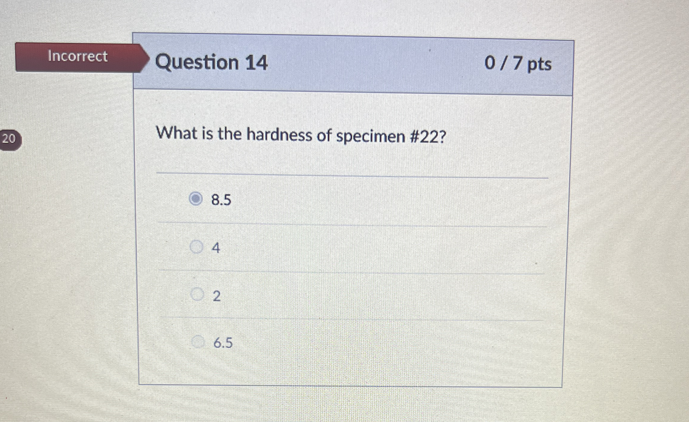 Question 1 4 What is the hardness of specimen # 2