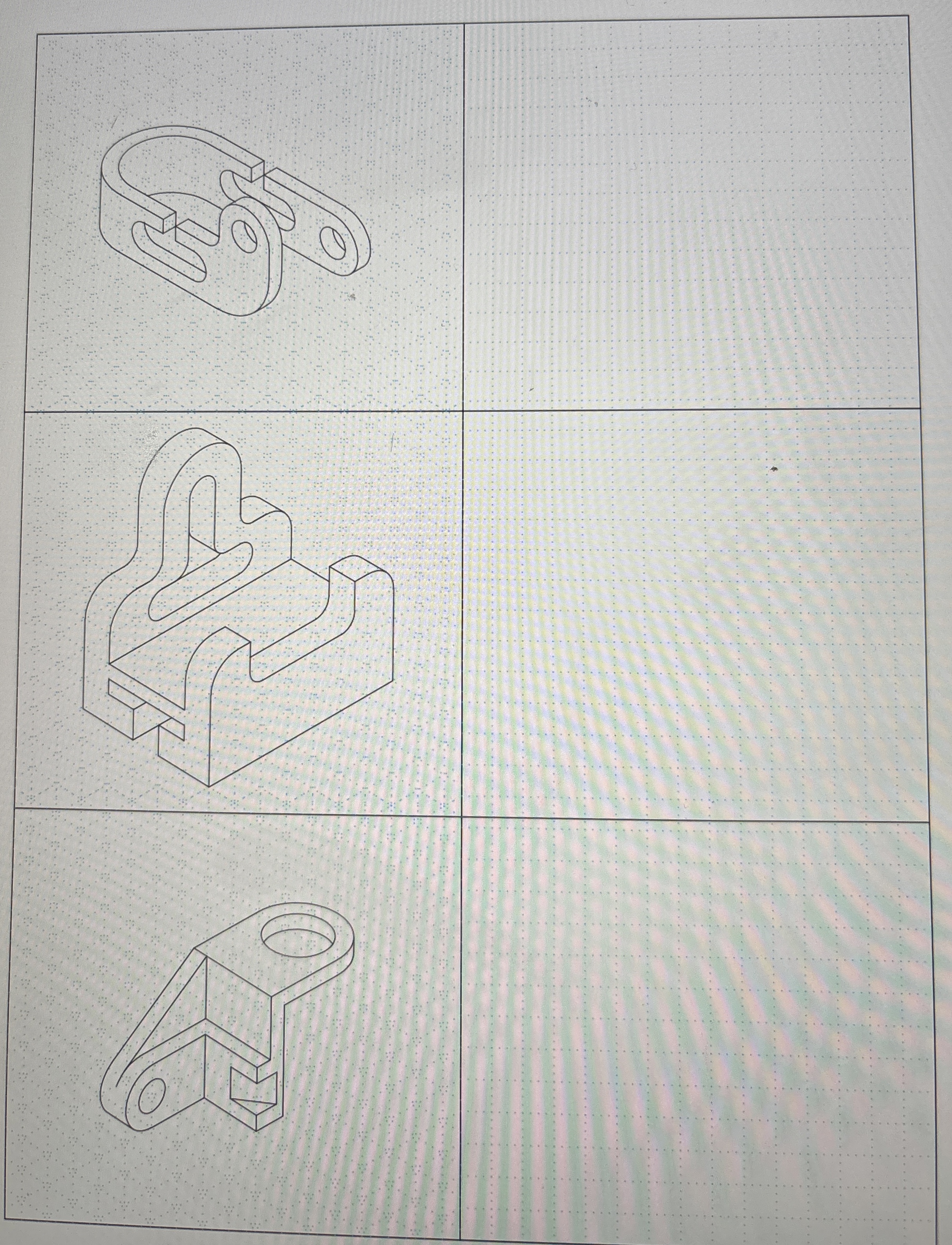 Draw 3 multiviews for each drawing Front, side,