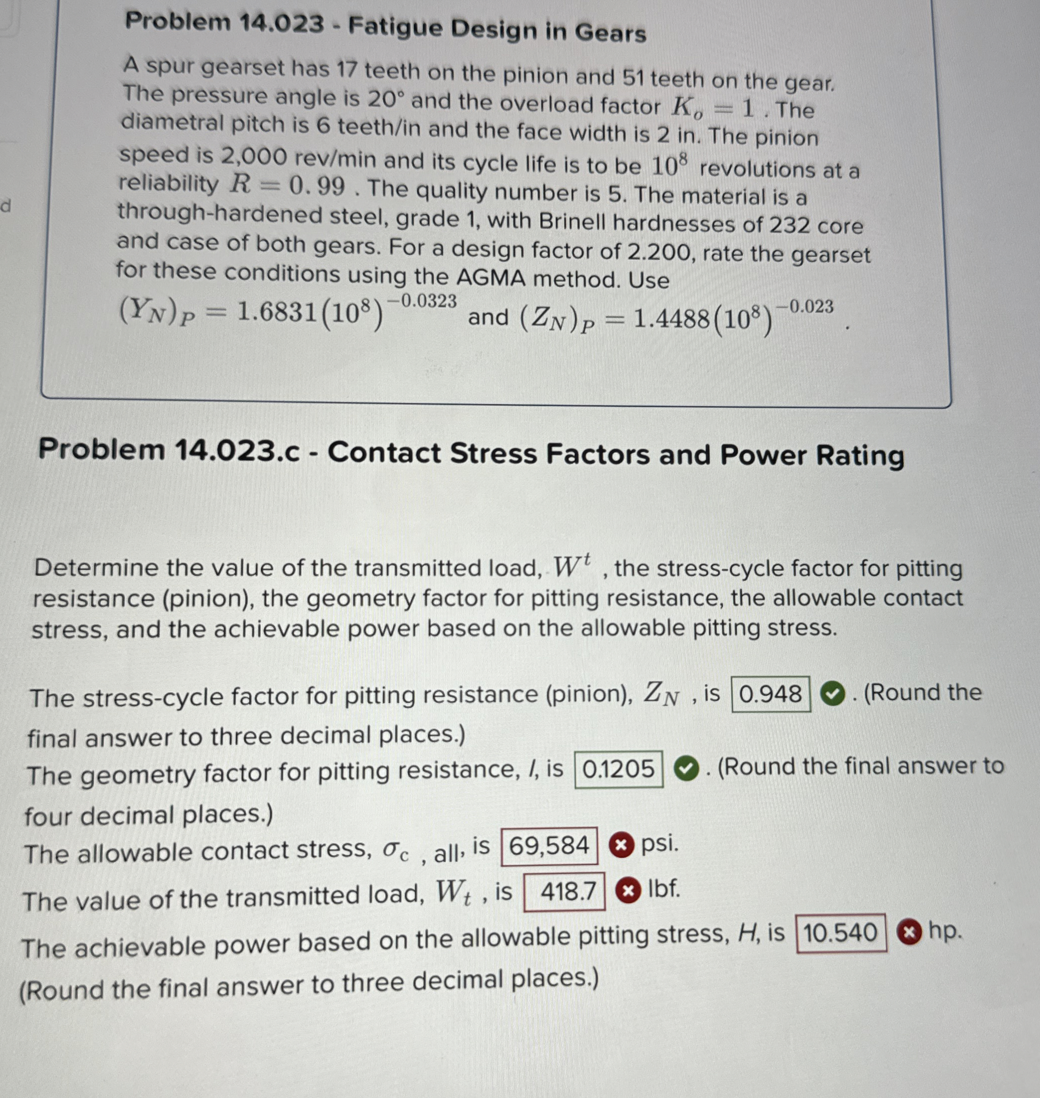 Problem 1 4 . 0 2 3 - Fatigue Design in Gears A