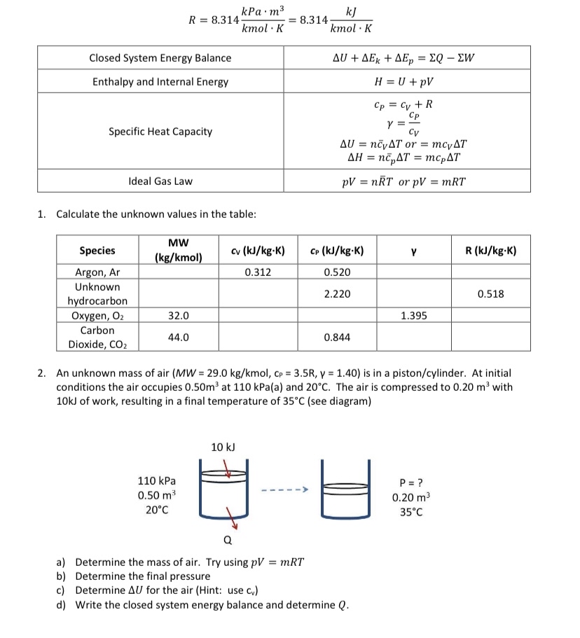 R = 8 . 3 1 4 k P a * m 3 k m o l * ( K ) = 8 . 3