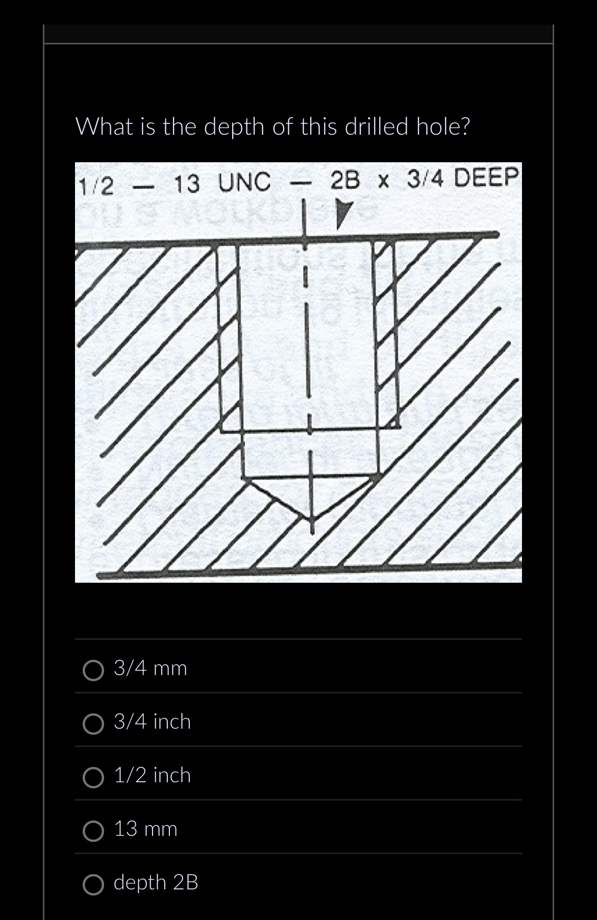 What is the depth of this drilled hole? 3 4 m m 3