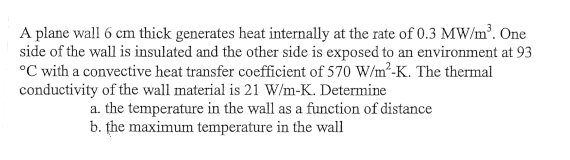 A plane wall 6 cm thick generates heat internally