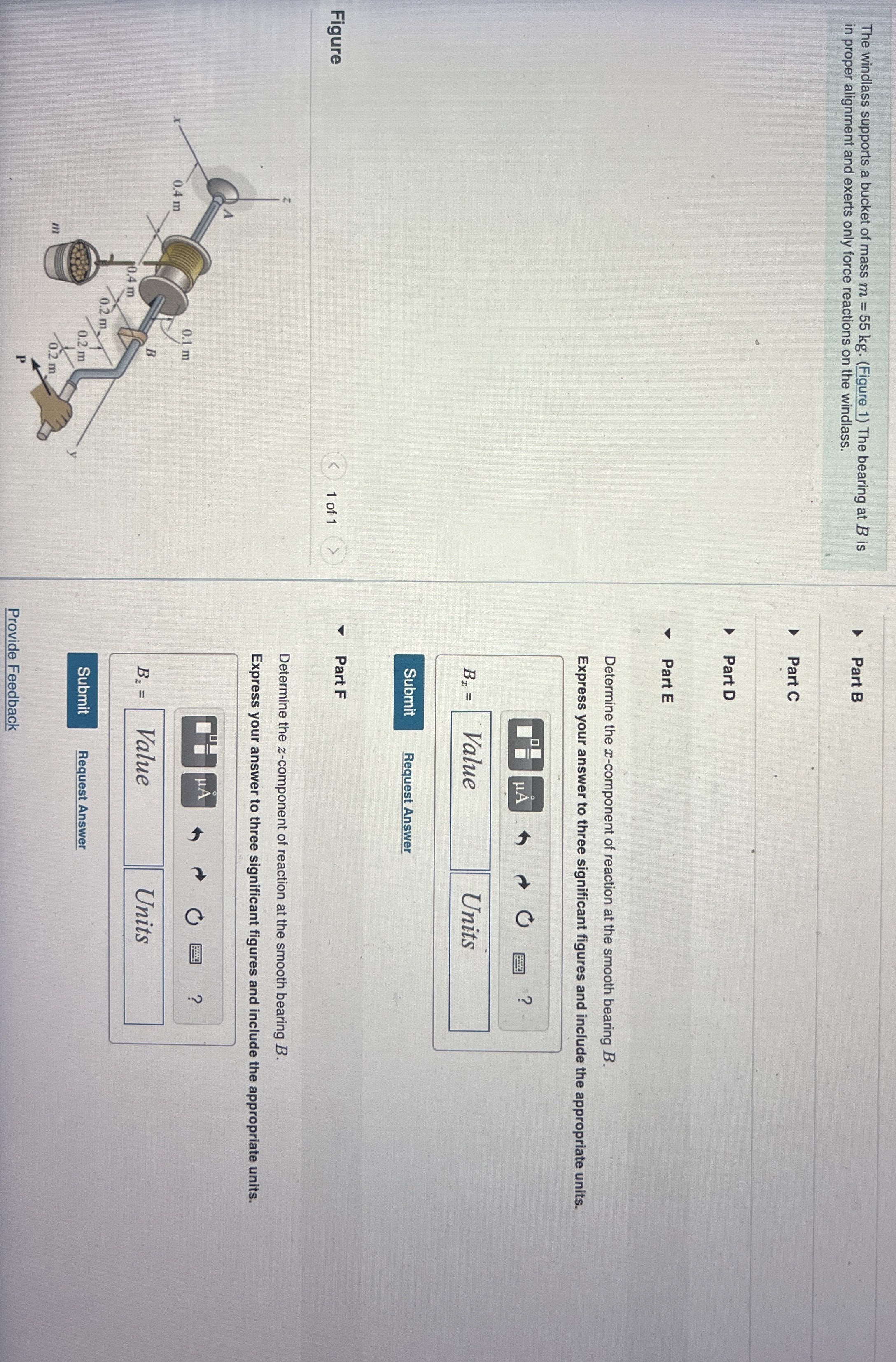 The windlass supports a bucket of mass m = 5 5 k
