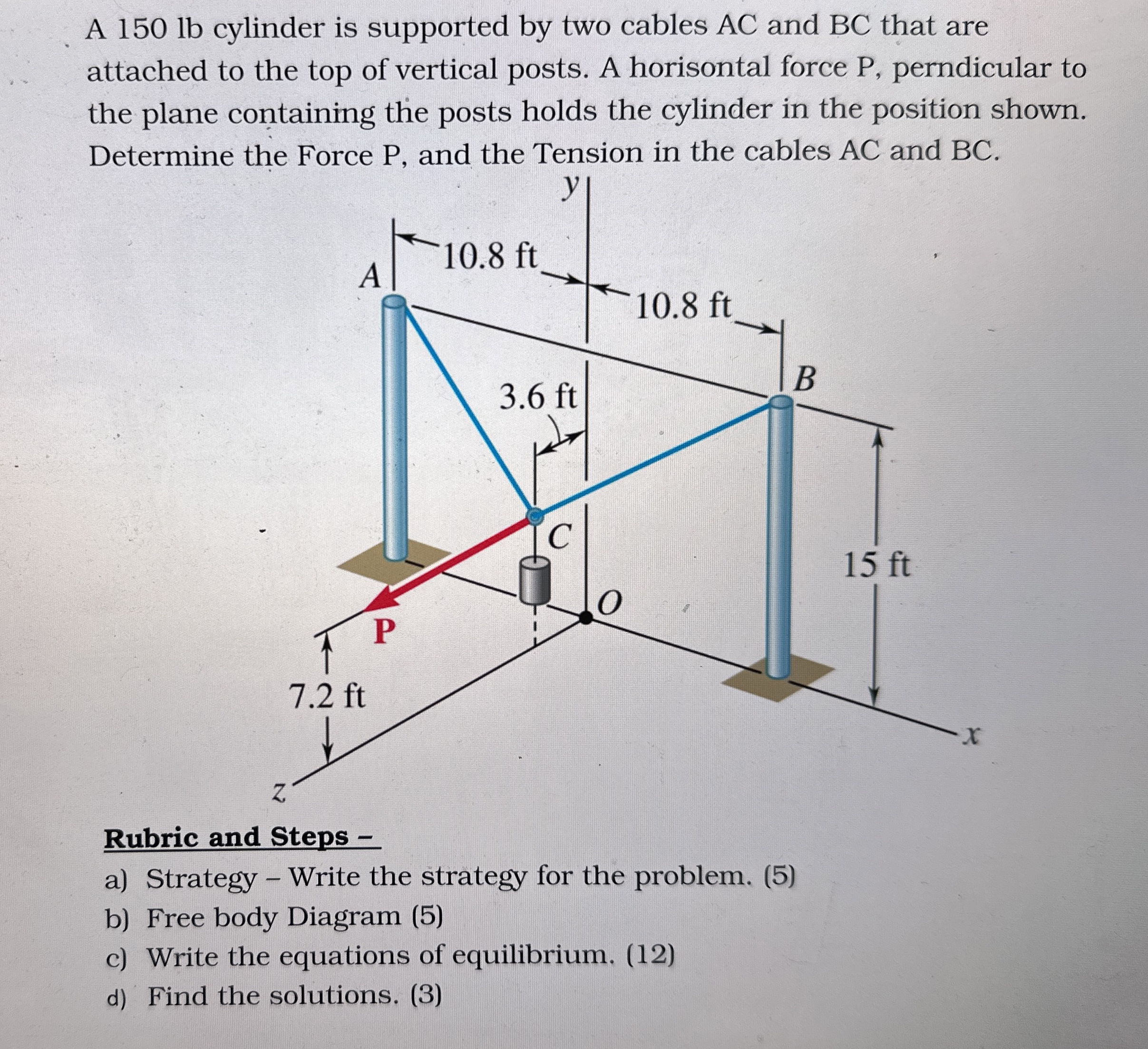 A 1 5 0 lb cylinder is supported by two cables AC