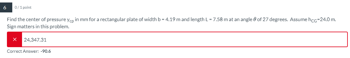 6 0 1 point Find the center of pressure y C p in